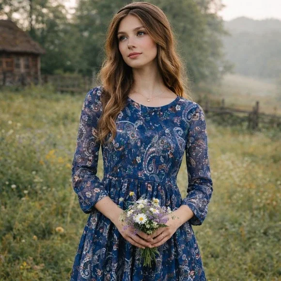 Attard State‎ Blue Paisley Floral Print Long Sleeve Fit Flare Dress Size M Boho - Picture 7 of 7